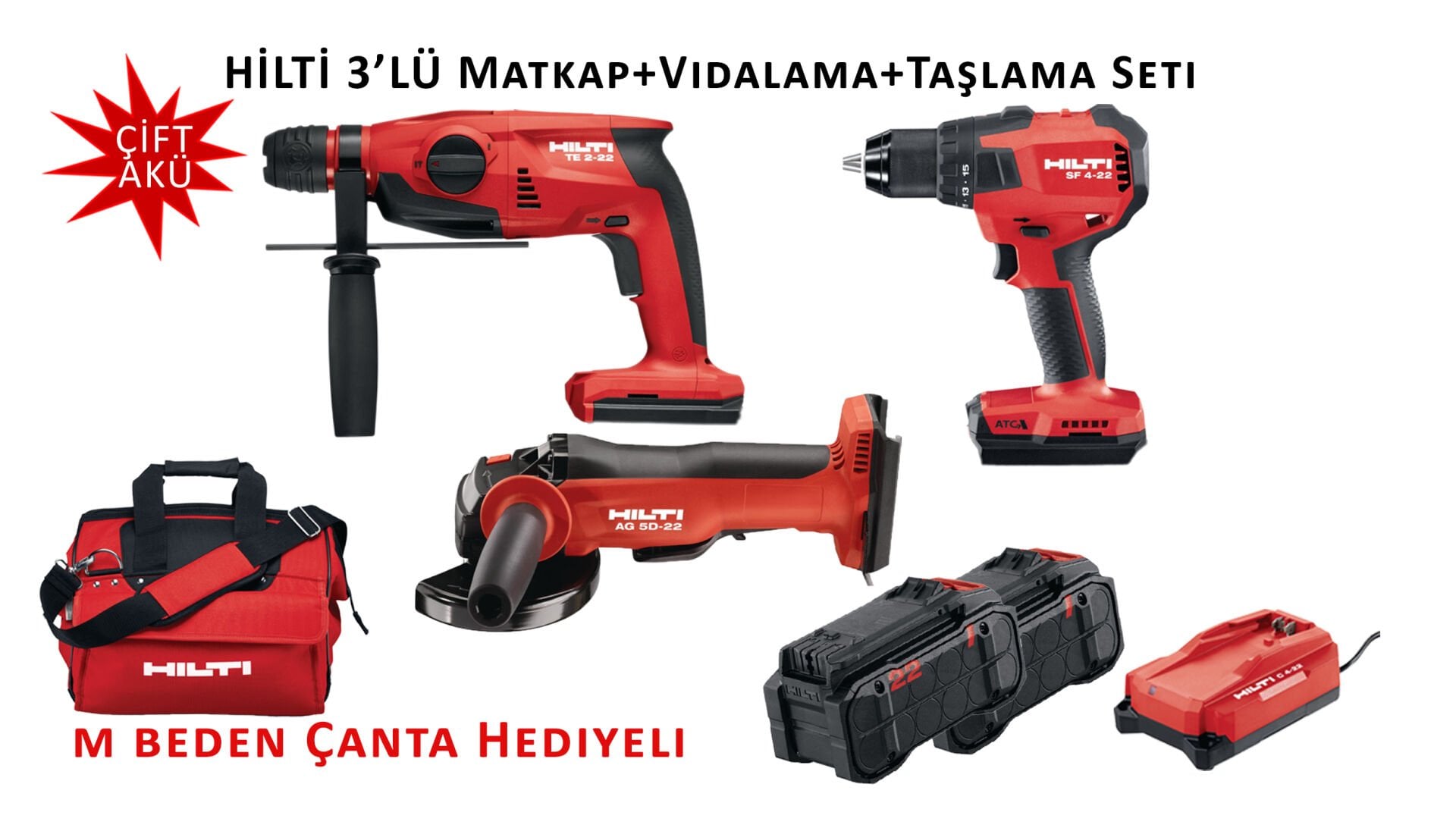 Hilti 3'lü Matkap+Taşlama+Vidalama Seti + M Beden Taşıma Çantası Hediyeli.