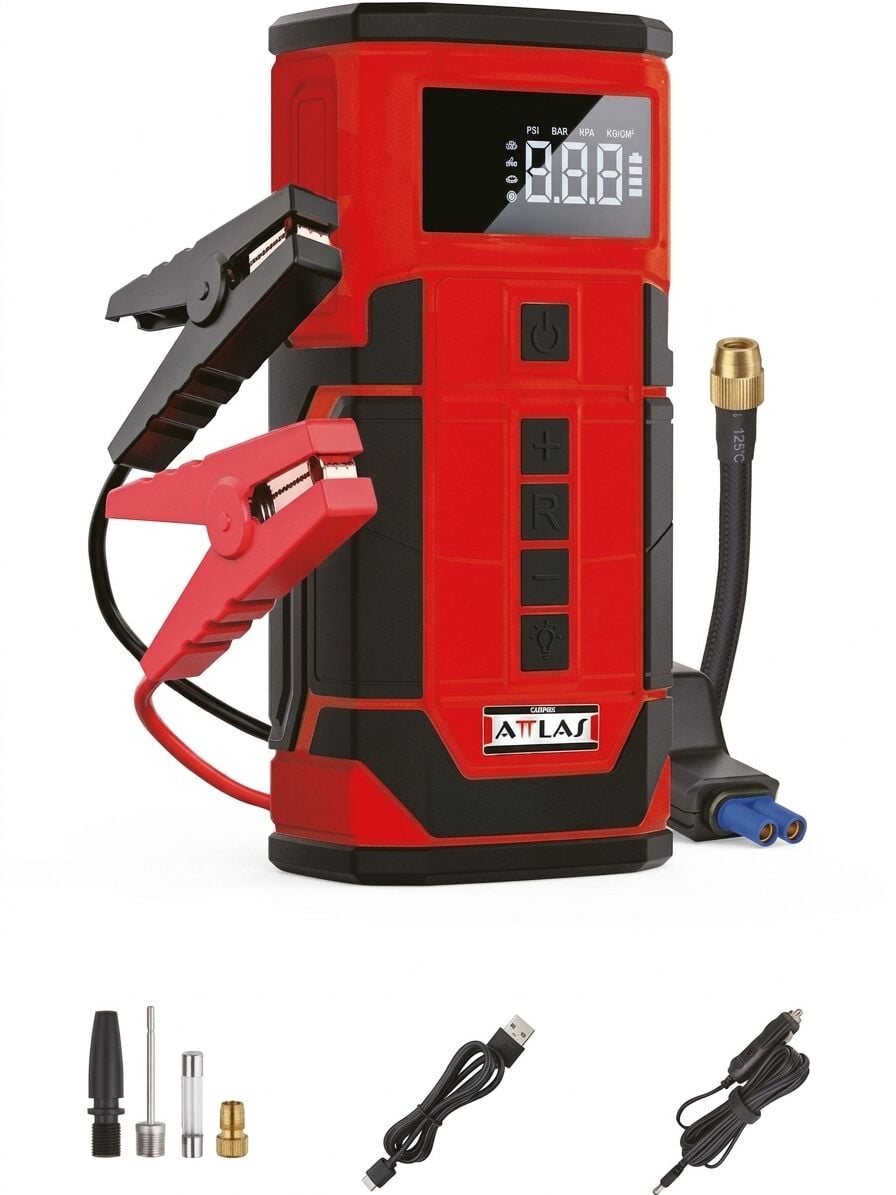 Attlas AJS 12 4'ü 1 Arada Akü Takviye Cihazı 12V 6A 120 PSI Lastik Şişirme Powerbank LED