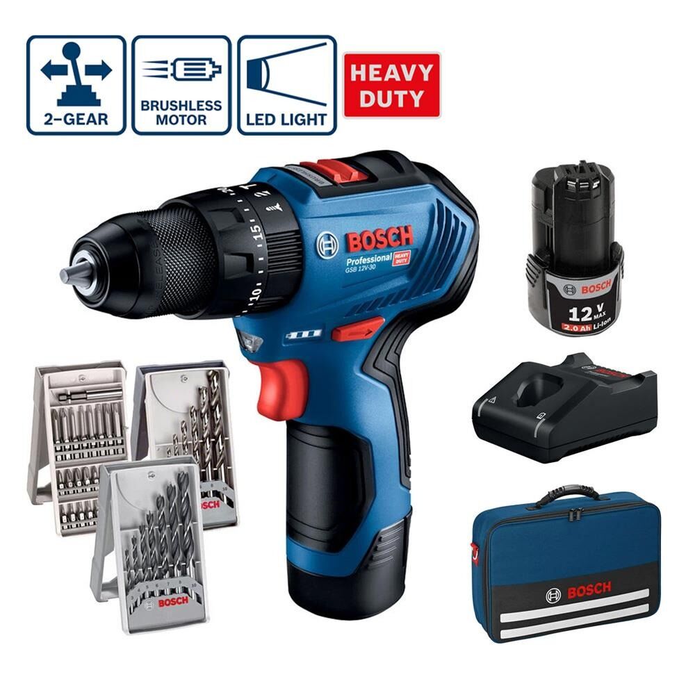 Bosch GSB 12V-30 Çelik Mandren Akülü Darbeli Vidalama + 39 Parça Aksesuar Set
